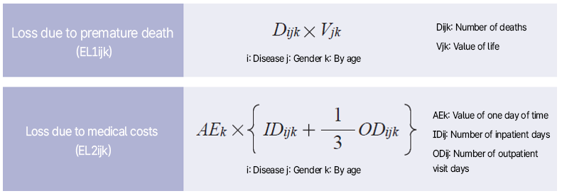 - 조기사망으로 인한 손실(EL1ijk) :Dijk * Vjk ◎i:질병◎j:성별◎k:연령별 ◎Dijk:사망자 수 ◎Vjk:생명의 가치
- 의료이용으로 인한 손실(EL2ijk) :AEk * { IDijk + 1/3 ODijk } ◎i:질병◎j:성별◎k:연령별 ◎AEk:1일 시간의 가치 ◎IDijk: 입원일수 ◎ODijk:외래방문일수