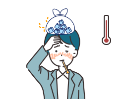 고열로 인해 머리에 얼음찜질을 하고 있는 남성 일러스트 이미지