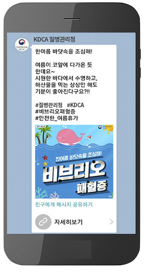 KDCA질병관리청 실시간 1:1 상담 예시 사진, KDCA 질병관리청: 한여름 바닷속을 조심해! 여름이 코앞에 다가온 듯 한데요~ 시우너한 바다에서 수영하고, 해산물을 먹는 상상만 해도 기분이 좋아진다구요?!! #질병관리청 #KDCA #비브리오패혈증 #안전한_여름휴가, 비브리오 패혈증 사진, 친구에게 메세지 공유하기, 자세히보기