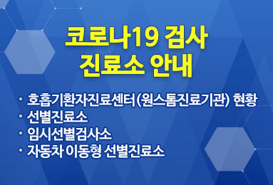 코로나19 검사 진료소 안내
-호흡기환자진료센터(원스톰진료기관) 현황
-선별진료소
-임시선별검사소
-자동차 이동형 선별진료소