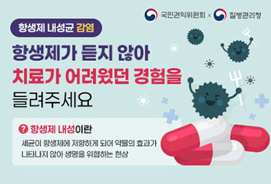 항생제 내성균 감염 ) 항생제가 듣지 않아 치료가 어려웠던 경험을 들려주세요 .
항생제 내성이란 ? 세균이 항생제에 저항하게 되어 약물의 효과가 나타나지 않아 생명을 위협하는 현상
국민권익위원회 x 질병관리청