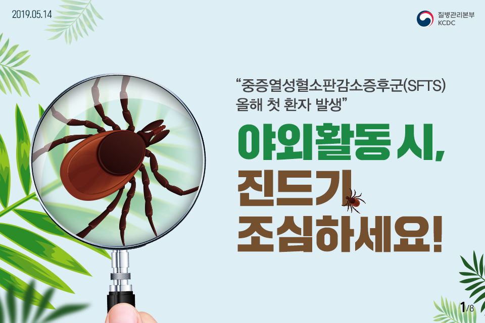 2019년 5월 3일 8페이지 중 1페이지 중증열성혈소판감소증후군(SFTS) 올해 첫 환자 발생 야외활동시, 진드기 조심하세요