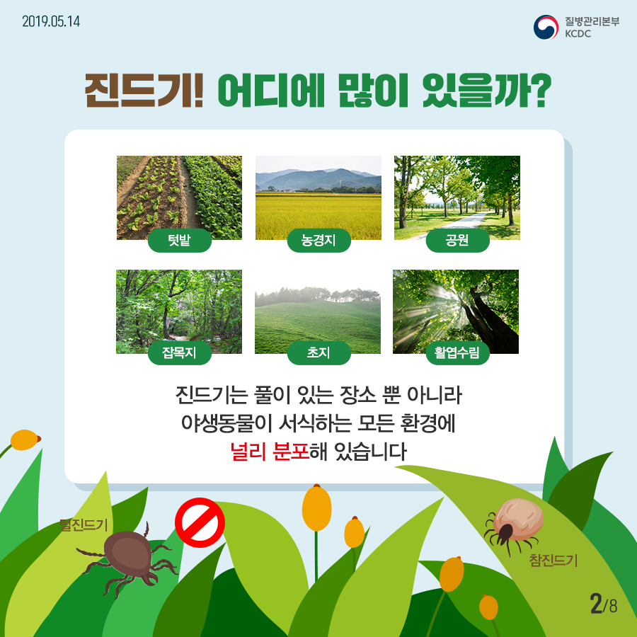 2019년 5월 3일 8페이지 중 2페이지 진드기! 어디에 많이 있을까? 텃밭, 농경지, 공원, 잡목지, 초지, 활엽수림 진드기는 풀이 있는 장소 뿐 아니라 야생동물이 서식하는 모든환경에 널리 분포해 있습니다.