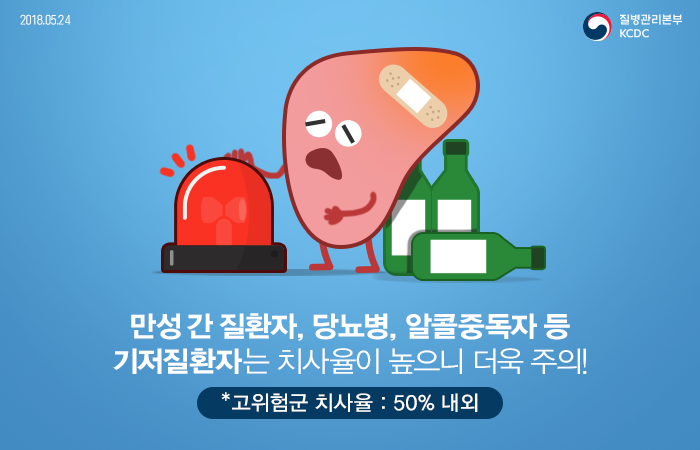 2018년 5월 24일 질병관리본부KCDC. 만성 간 질환자, 당뇨병, 알콜중독자 등 기저질환자는 치사율이 높으니 더욱 주의! *고위험군 치사율 : 50% 내외