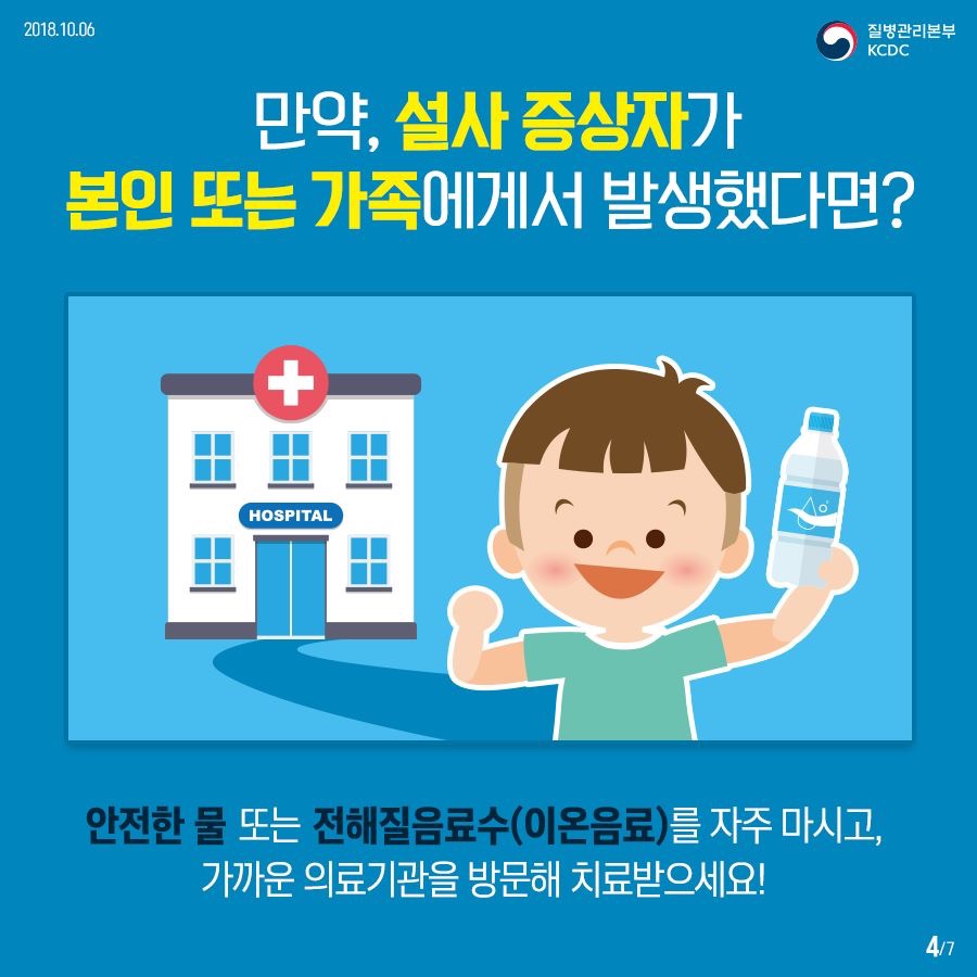 2018년 10월 6일 질병관리본부 KCDC. 만약, 설사 증상자가 본인 또는 가족에게서 발생했다면? 안전한 물 또는 전해질음료수(이온음료)를 자주 마시고, 가까운 의료기관을 방문해 치료받으세요! 7페이지 중 4페이지