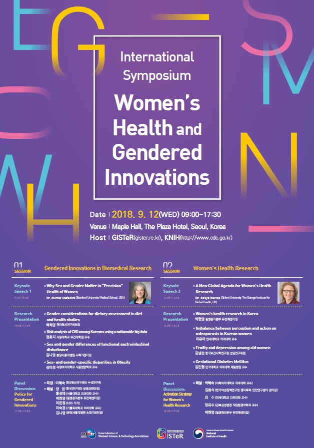2018 국제 여성건강 심포지엄 포스터. [International Symposium Women’s Health and Gendered Innovations]

Date: 2018. 9. 12(WED) 09:00-17:30
Venue: Maple Hall, The Plaza Hotel, Seoul, Korea
Host: GISTeR(gister.re.kr), KNIH(http://www.kdca.go.kr)

[Session 01_Gendered Innovations in Biomedical Research]

Keynote Speech 1
  Why Sex and Gender Matter in “Precision”Health of Women_Dr. Marcia Stefanick (Stanford University Medical School, USA)
Research Presentation
  Gender considerations for dietary assessment in diet and health studies_백희영 젠더혁신연구센터장
  Risk analysis of CVD among Koreans using a nationwide big data_정효지 서울대학교 보건대학원 교수
  Sex and gender differences of functional gastrointestinal disturbance_김나영 분당서울대병원 소화기센터장
  Sex- and gender-specific disparities in Obesity_성미경 숙명여자대학교 식품영양학과 교수
Panel Discussion: Policy for Gendered Innovations
  좌장 : 이혜숙 젠더혁신연구센터 수석연구원
  패널 : 양 영 (한국연구재단 생명과학단장)
         홍성태 (서울대학교 의과대학 교수)
         박현영 (질병관리본부 유전체센터장)
         이은정 (KBS 기자)
         이숙경 (가톨릭대학교 의과대학 교수)
         김나영 (분당서울대병원 소화기센터장)

[Session 02_Women’s Health Research]

Keynote Speech 2
   A New Global Agenda for Women’s Health Research_Dr. Robyn Norton (Oxford University The George Institute for Global Health, UK)
Research Presentation
   Women’s health research in Korea_박현영 질병관리본부 유전체센터장
   Imbalance between perception and action on osteoporosis in Korean women_이유미 연세대학교 의과대학 교수
   Frailty and depression among old women_김남순 한국보건사회연구원 선임연구위원
   Gestational Diabetes Mellitus_김민형 단국대학교 의과대학 제일병원 교수
Panel Discussion: Activation Strategy for Women's Health Research
   패널 : 박혜숙 (이화여자대학교 의과대학 교수)
          김동식 (한국여성정책연구원 젠더폭력·안전연구센터 센터장)
          김 수 (연세대학교 간호대학 교수)
          장유수 (강북삼성병원 직업환경의학과 교수)
          박현영 (질병관리본부 유전체센터장) 
