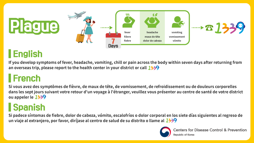 Plague. 7Days fever,fievre,fiebre/headache,maux de tete,dolor de cabeza/vomiting, vomissement,vomito→1339/ [English]If tou develop symptoms of fever, headache, vomiting, chill or pain across the body within seven days after retuning from an overseas trip, please report to the health center in tour district or call 1339. [French]Si vous avez des symptomes de fievre, de maux de tete, de vomissement, de refroidissement ou de douleurs corporelles dans les sept jours suivant votre retour d'un voyage a l'etranger, veuillez vous presenter au centre de sante de votre district ou appeler le 1339 [Spanish] Si padece sintomas de fiebre, dolor de cabeza, vomito, escalofrios o dolor corporal en los siete dias siguientes al regreso de un viaje al extranjero,por favor, dirijase al centro de salud de su distrito o llame al 1339. Center for Disease Control&Prevention Republic of Korea