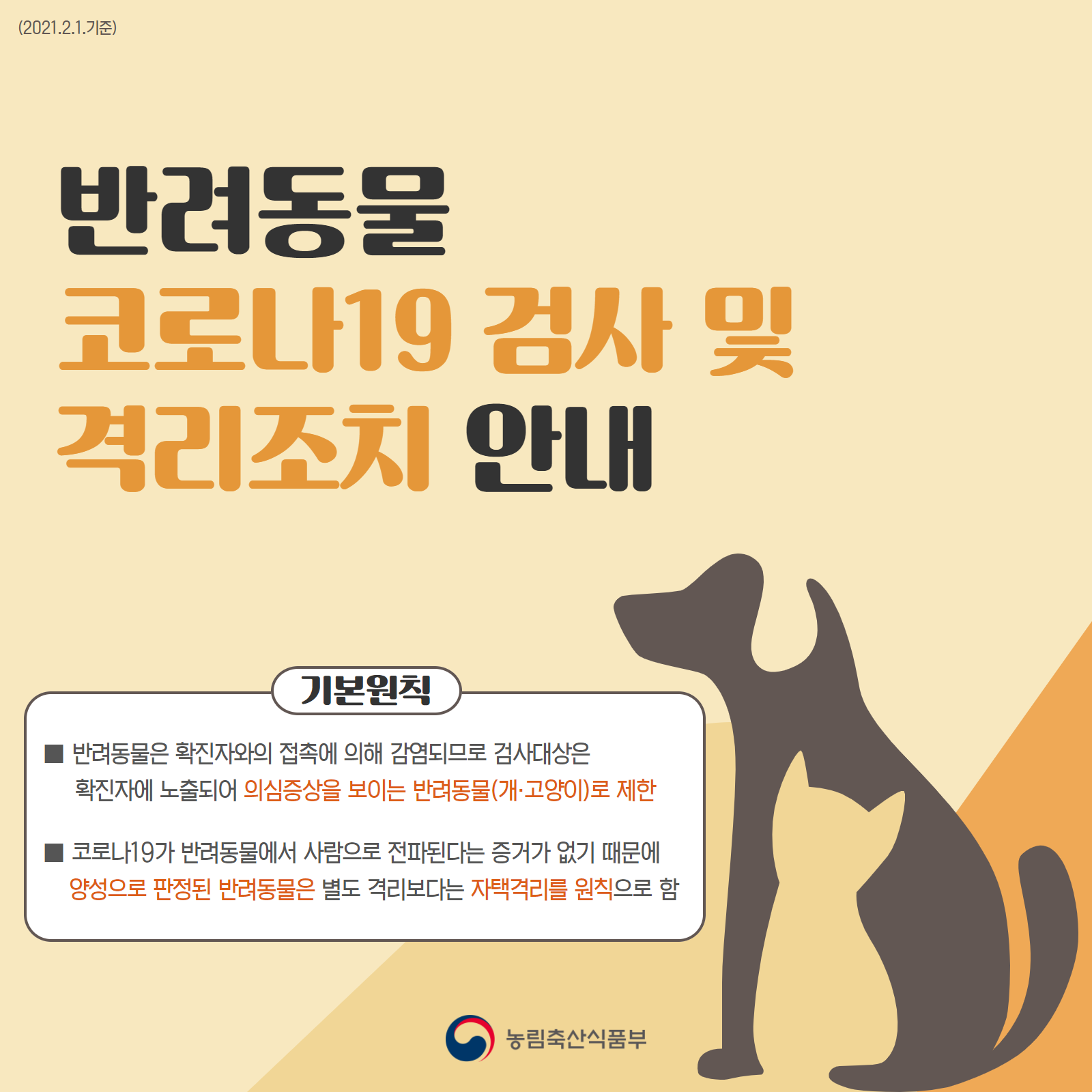 반려동물 코로나19 검사 및 격리조치 안내(농림축산식품부)