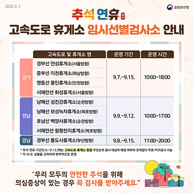 추석 연휴 고속도로 휴게소 임시선별검사소 안내