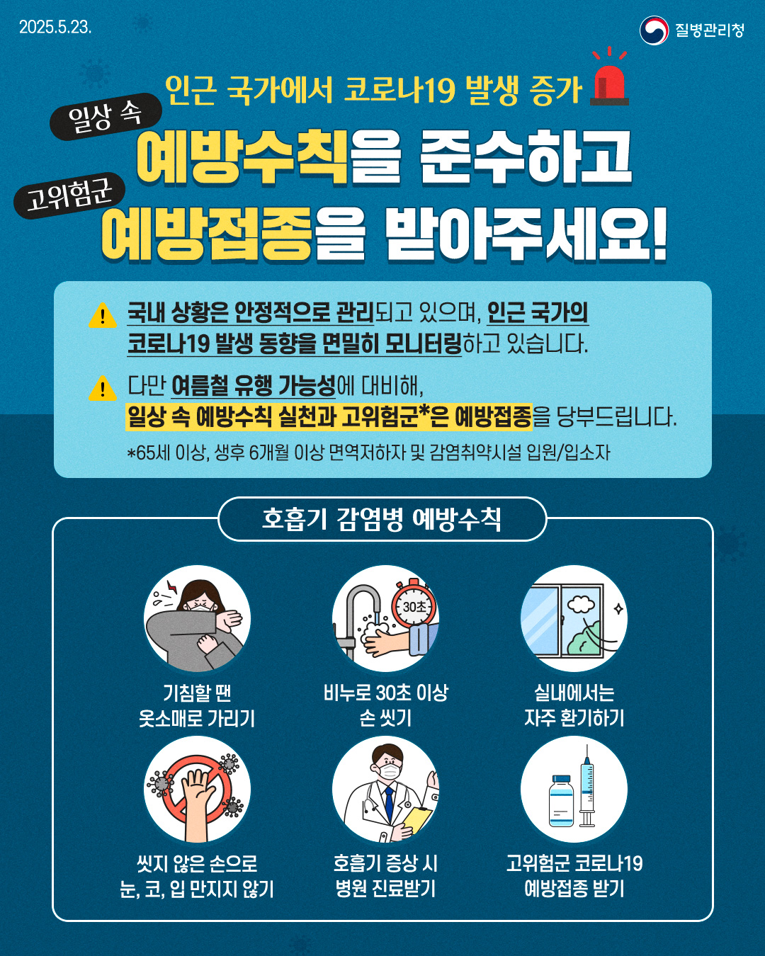 인근 국가에서 코로나19 발생 증가! 일상 속 예방수칙을 준수하고 고위험군은 예방접종을 받아주세요!