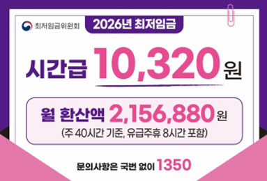 최저임금위원회 
2026년 최저임금
시간급 10,320원 월환산액 2,156,880원 (주 40시간 기준, 유급주휴 8시간 포함)
문의사항은 국번 없이 1350